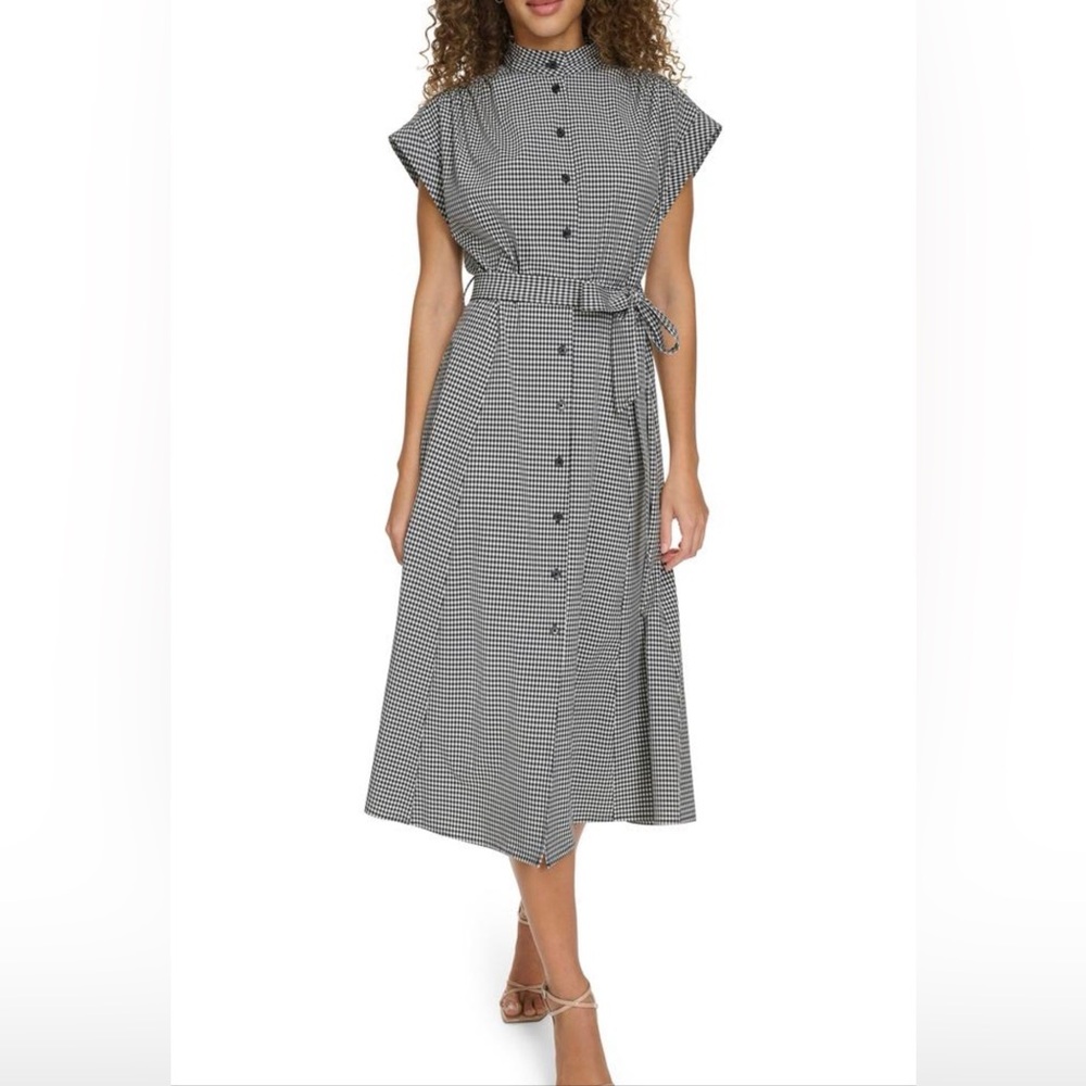 NWOT CALVIN KLEIN Midi Shirtdress Short Sleeve Black/White Gingham w/Belt 10 - Picture 4 of 16